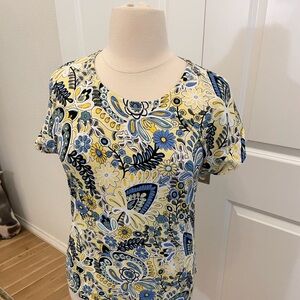 A bright, yellow and blue floral design decorates this tee by Talbots